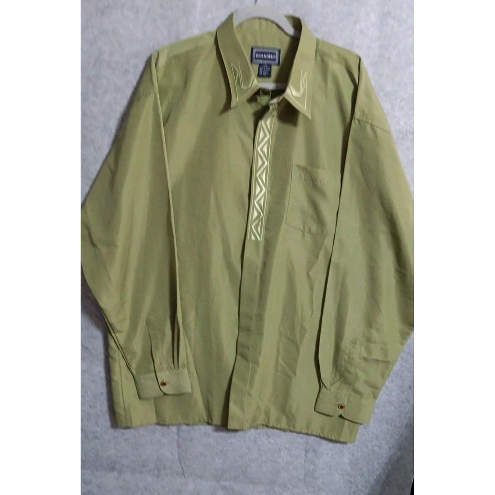 GRANDEUR dress shirt XXL Long Sleeve Green Olive Classy Silky Tailored EUC